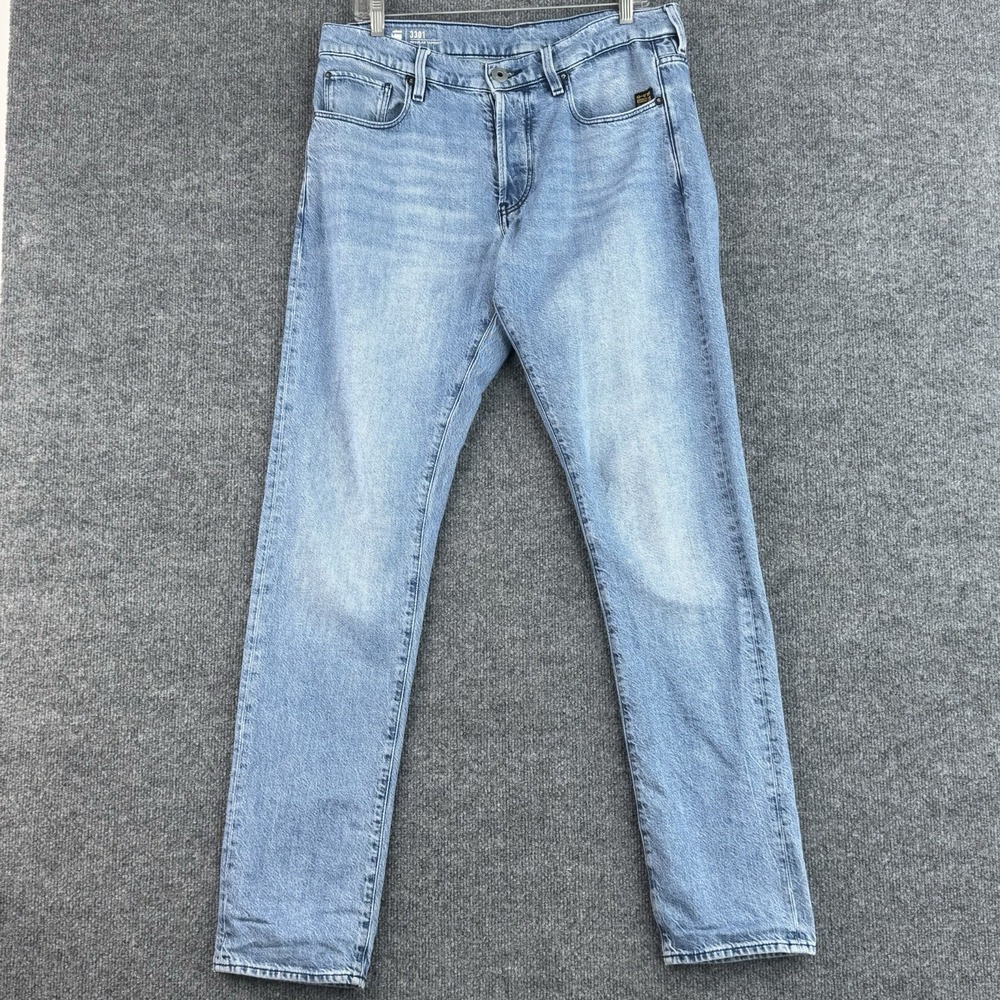 G-Star RAW 3301 Jeans Mens 31x34 Light Wash Regular Tapered Button Fly Denim